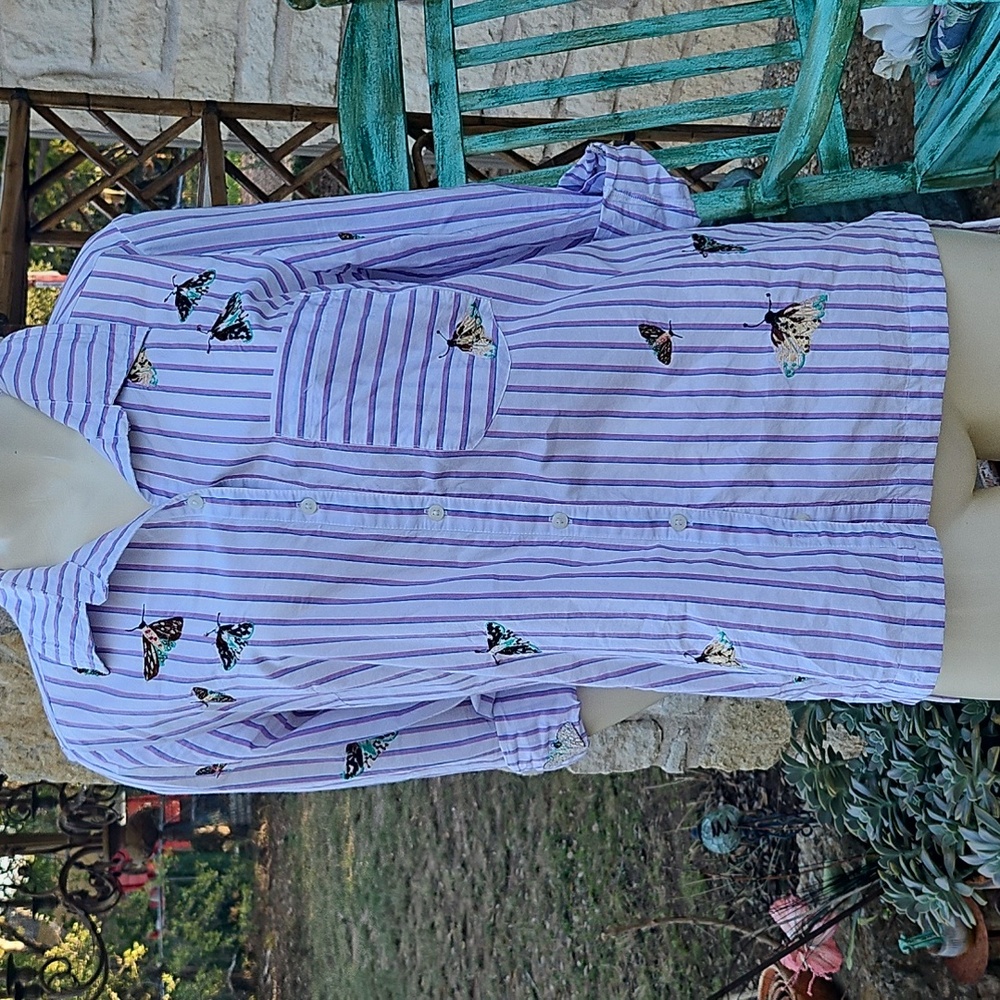 Anthropologie Maeve Embroidered Butterflies Moths Beads Button Down Shirt S